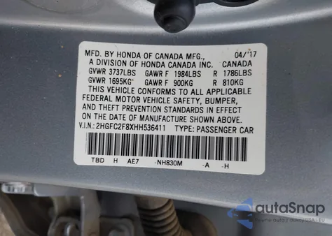 2017 Honda Civic Ex из США, поврежденный, VIN 2HGFC2F8XHH536411